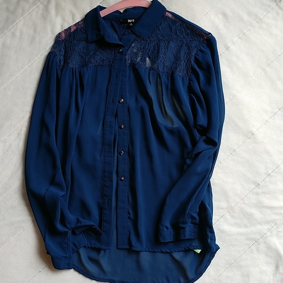 Navy Lace & Chiffon Long Sleeve Blouse - Picture 1 of 3
